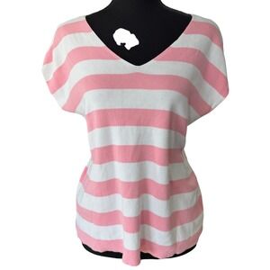 Talots Petites V Neck Top Cap Sleeve Shirt PL Pink White‎ Striped Preppy Coastal